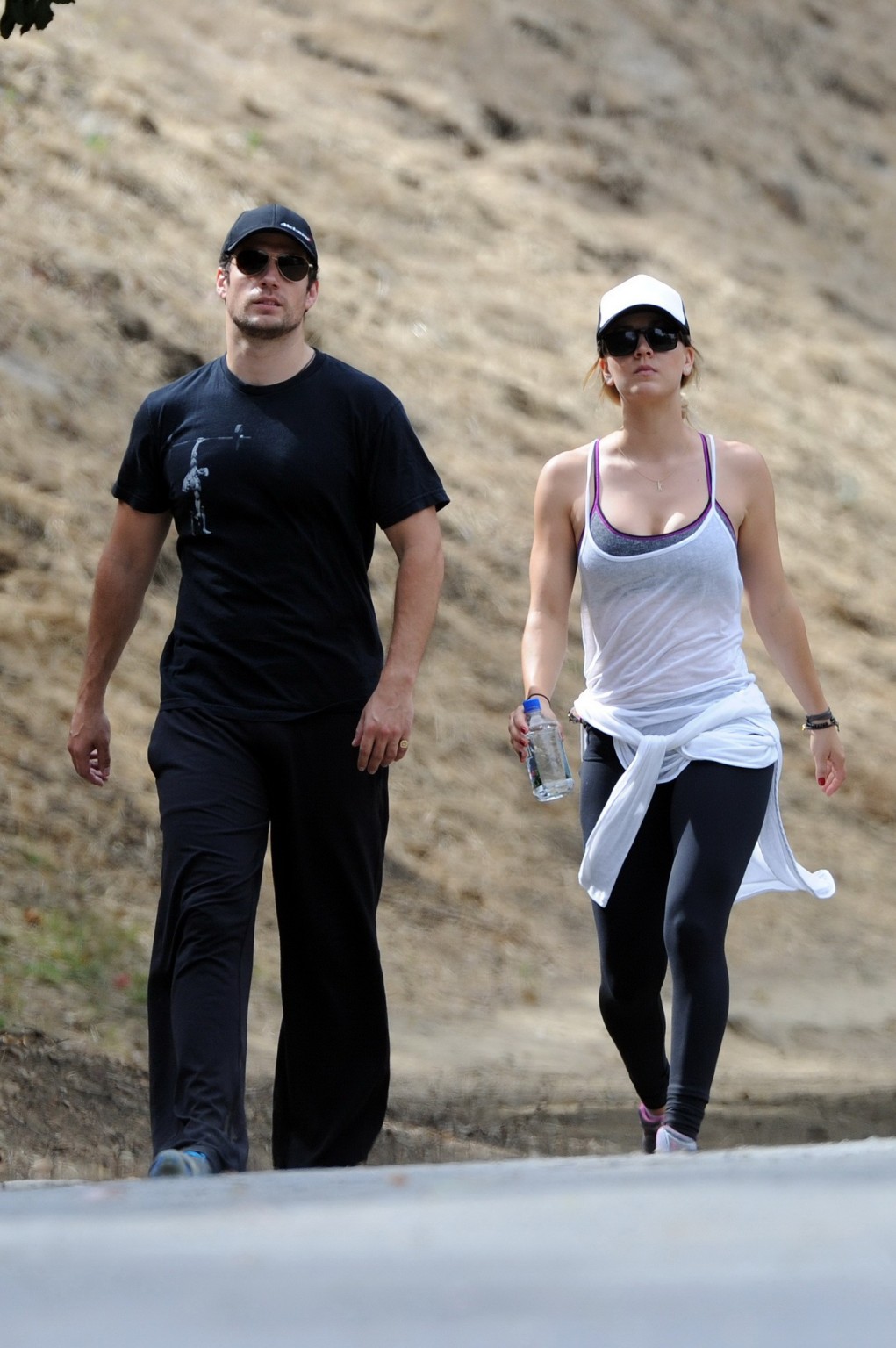 Kaley Cuoco wearing transparent tank top and tights while hiking on Hollywood Hi #75225653