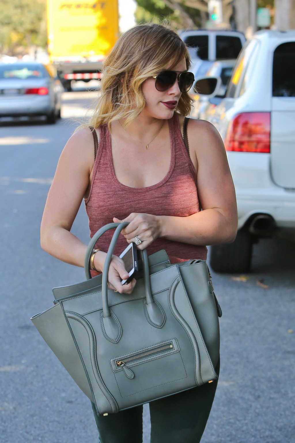Hilary Duff wearing skimpy red top and tight jeans out in Beverly Hills #75234525