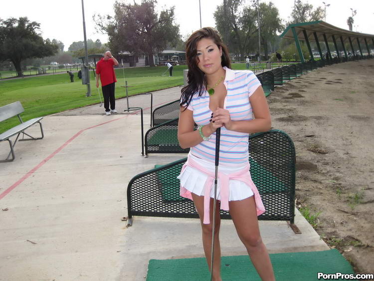Nasty brunette whore gets lesson at the golf course by a dirty old man #76563645