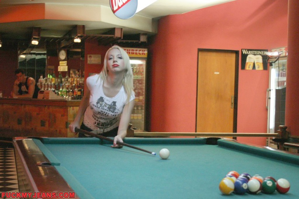 Stud fucks hot blonde in blue jeans on pool table and creams her face #71349866