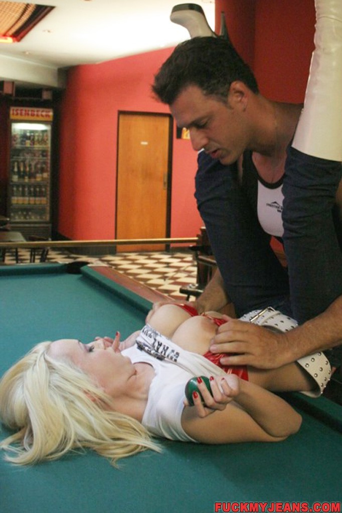Stud fucks hot blonde in blue jeans on pool table and creams her face #71349872