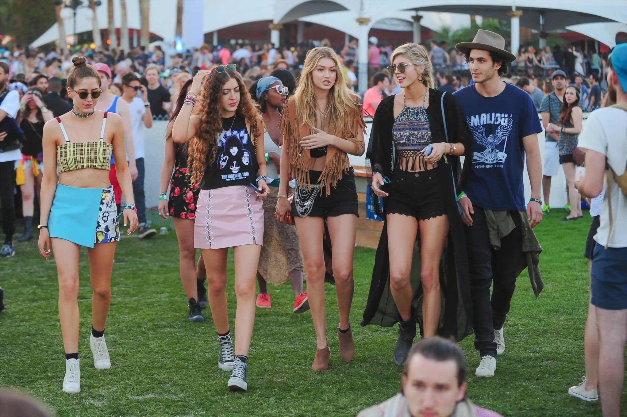 Gigi Hadid in shorts and belly top with her hot friends at Coachella Music Festi #75167138
