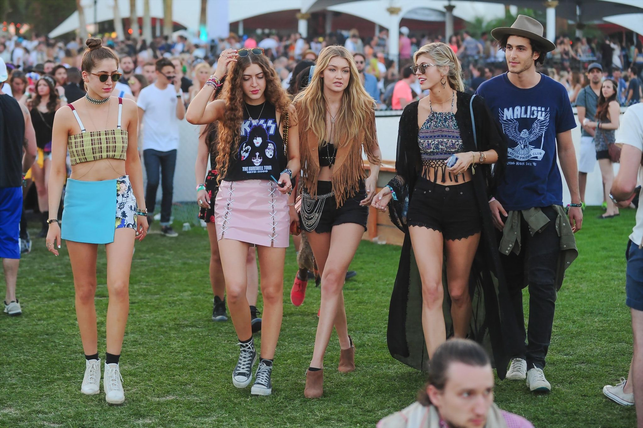 Gigi Hadid in shorts and belly top with her hot friends at Coachella Music Festi #75167155