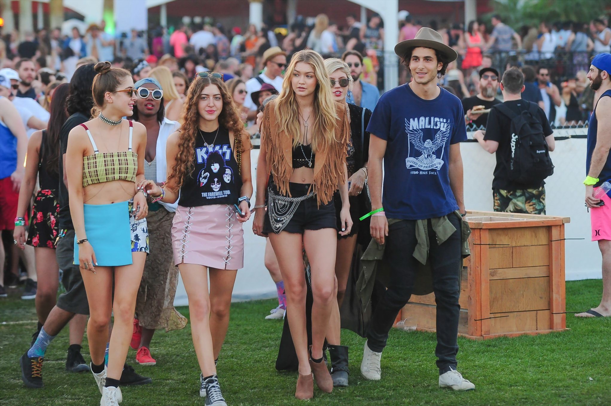 Gigi Hadid in shorts and belly top with her hot friends at Coachella Music Festi #75167176