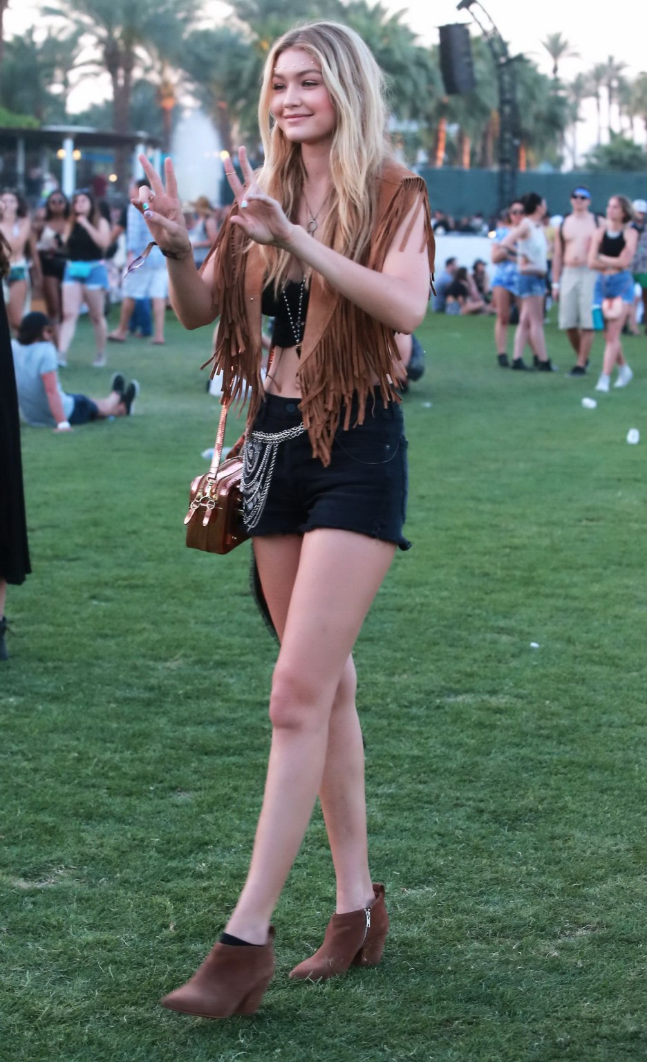 Gigi Hadid in shorts and belly top with her hot friends at Coachella Music Festi #75167208