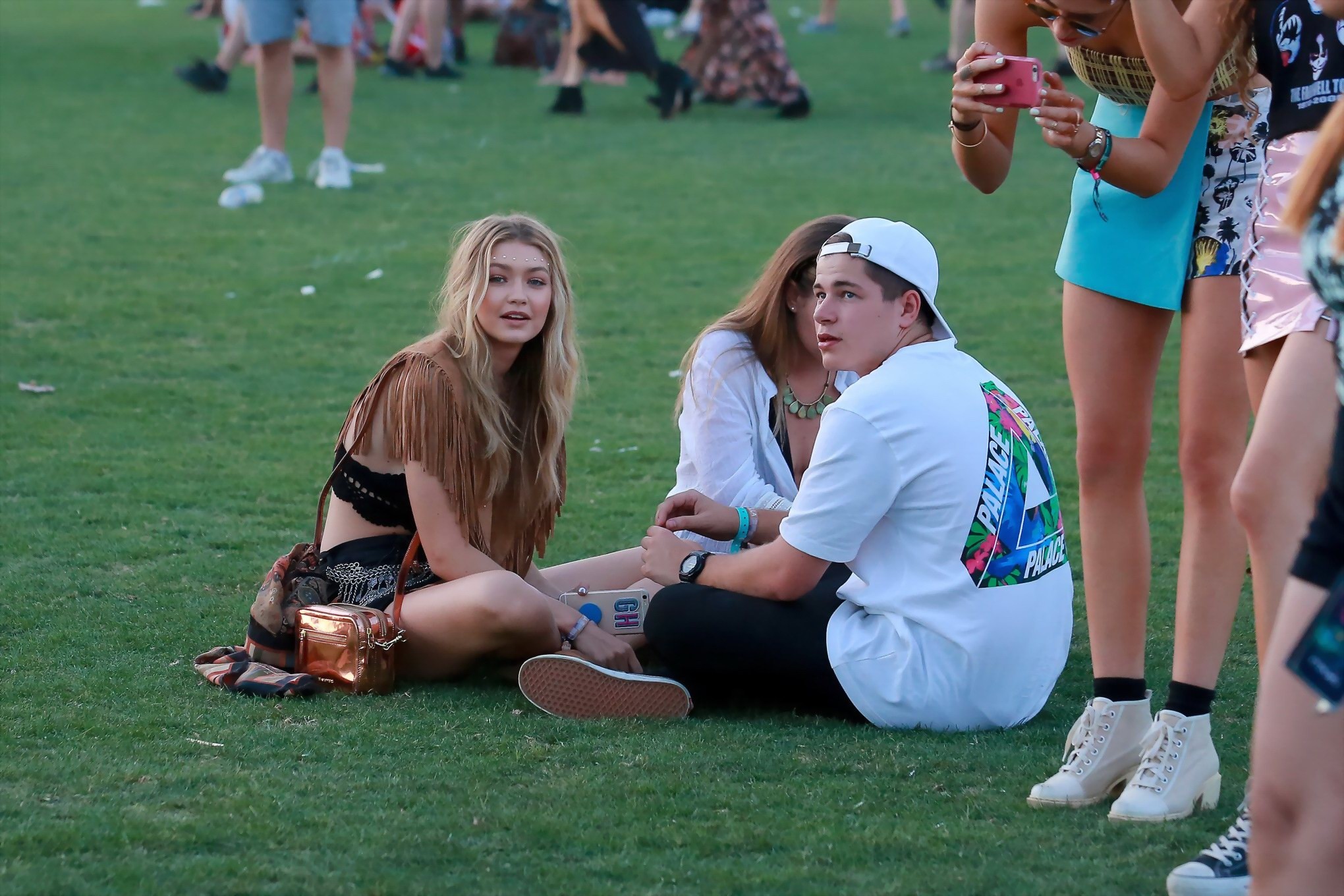 Gigi Hadid in shorts and belly top with her hot friends at Coachella Music Festi #75167309