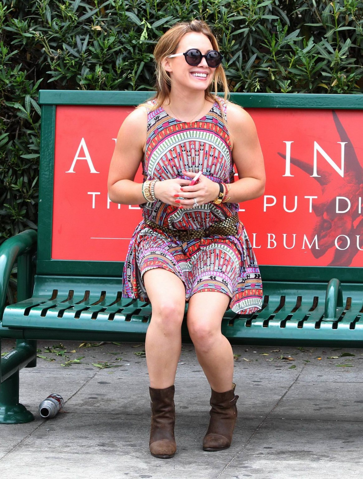 Hilary Duff upskirt wearing colorful mini dress while pretending to wait for a b #75229071