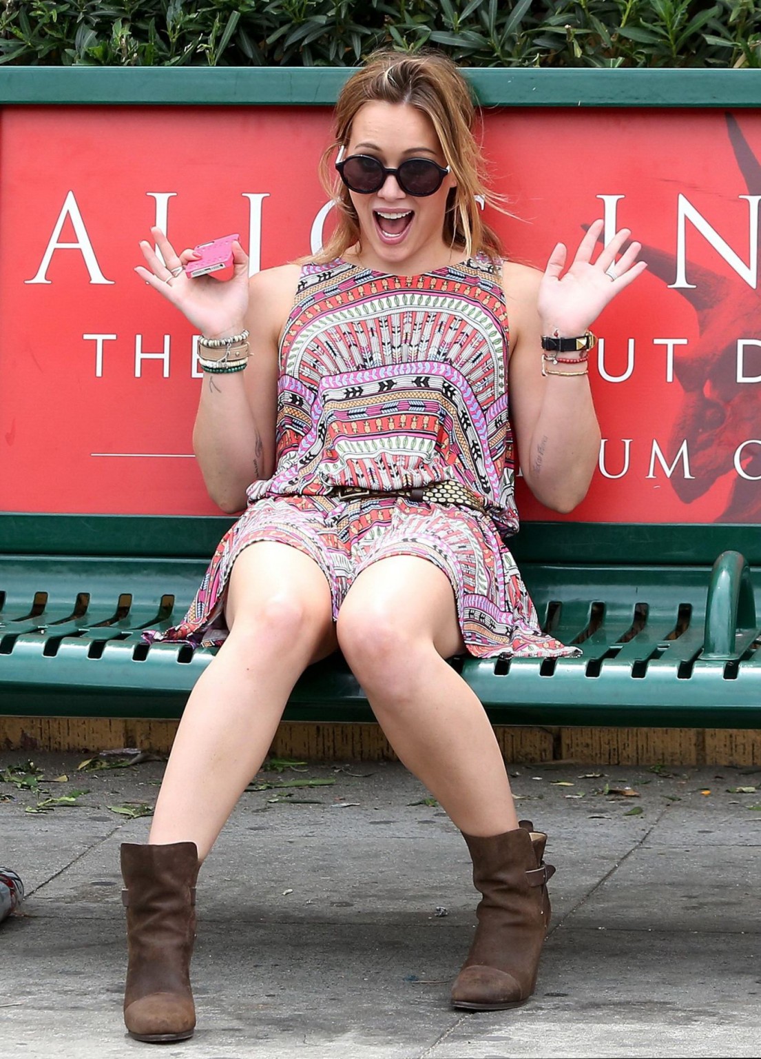 Hilary Duff upskirt wearing colorful mini dress while pretending to wait for a b #75229087