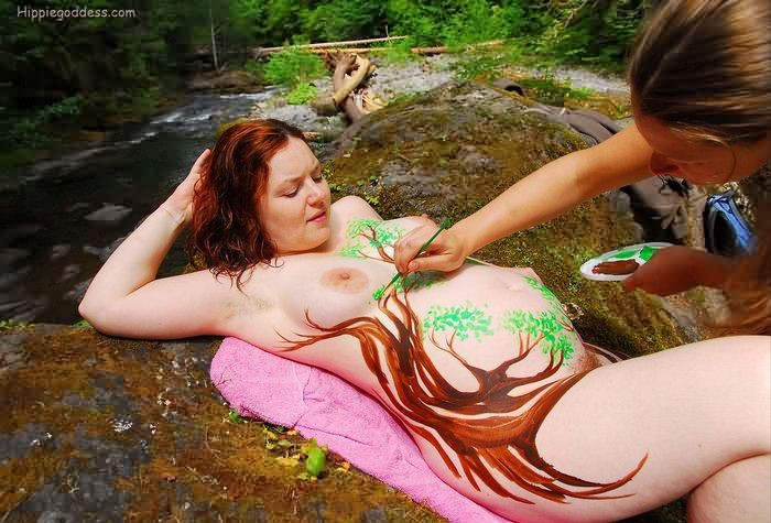 Pregnant Nudist Plump Belly Body Painted Outdoors in Forest #75563133