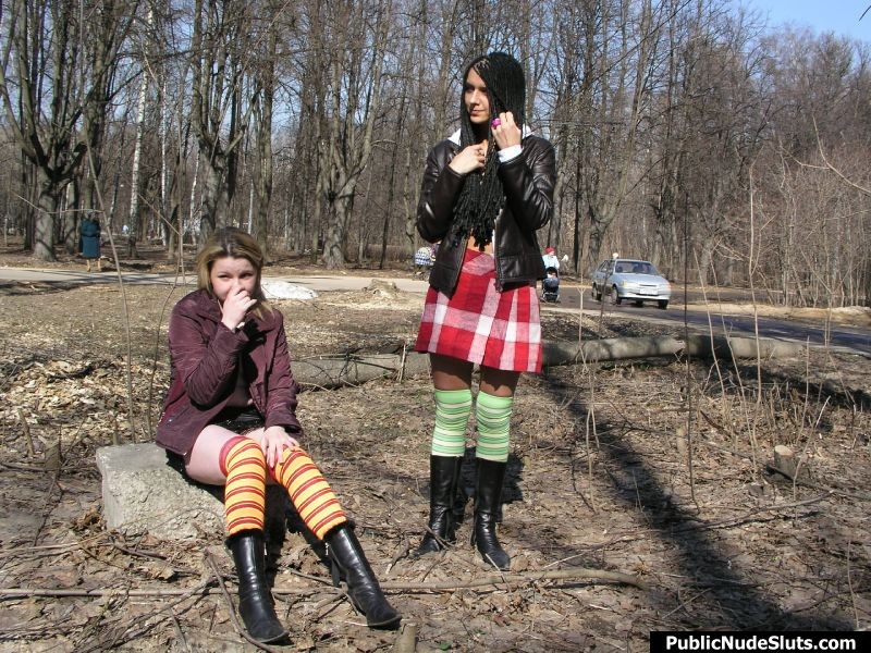 Bold couple of flashers showing off their tits and pussies in public #76741209