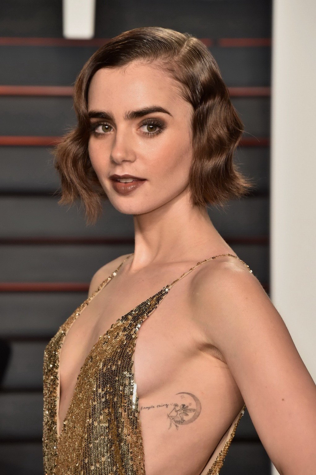 Lily Collins showing sideboob huge cleavage and legs #75145287