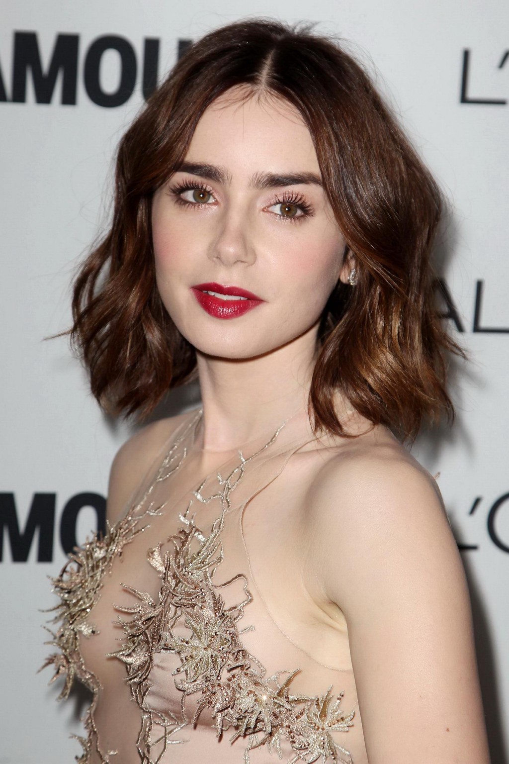 Lily Collins braless wearing a partially see-through skin colored dress at the 2 #75213178