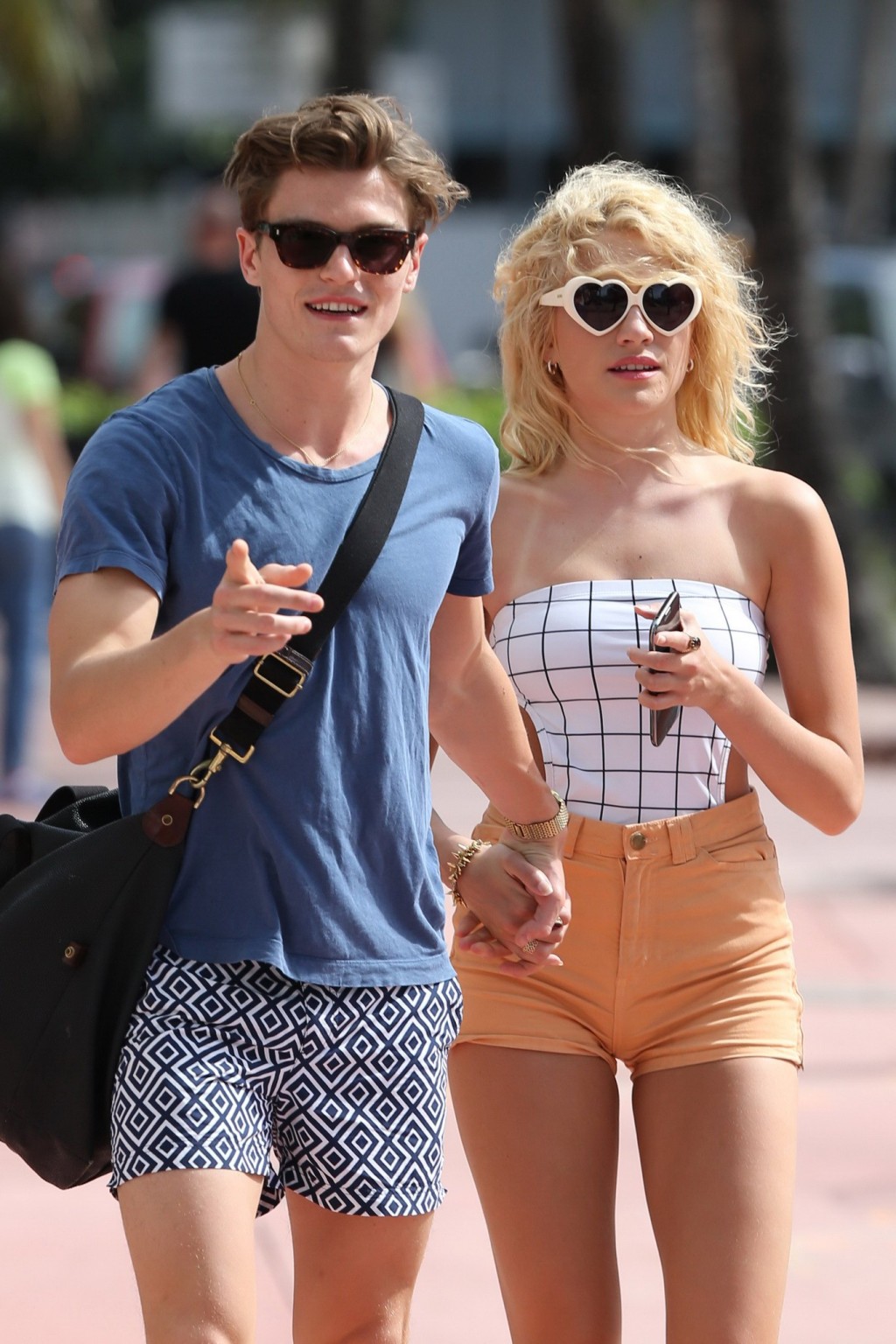 Pixie Lott wearing white checkered monokini and tight shorts out in Miami #75229291