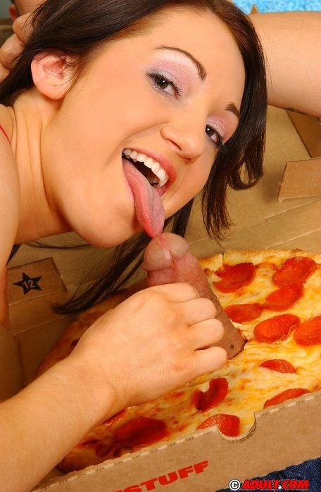 busty brunette sucking cock through a pizza #77697216