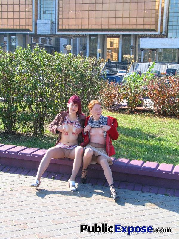Two bare-faced sluts air their funbags and honey pots in public place #71558159