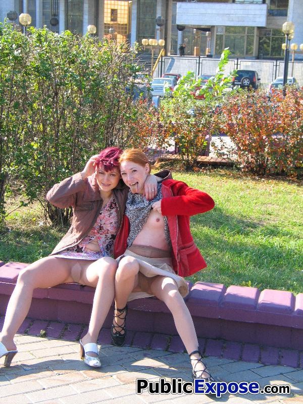 Two bare-faced sluts air their funbags and honey pots in public place #71558175