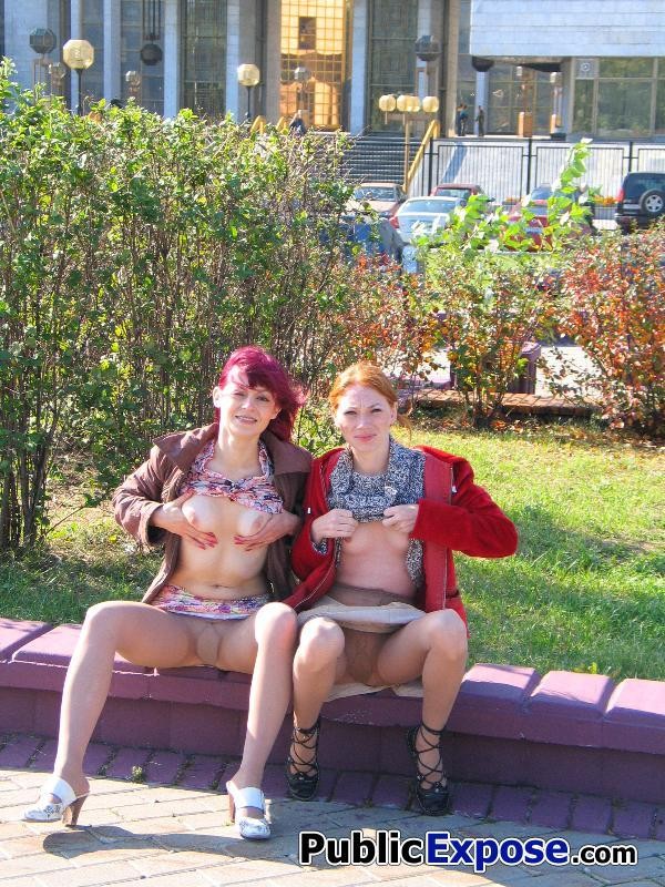 Two bare-faced sluts air their funbags and honey pots in public place #71558183