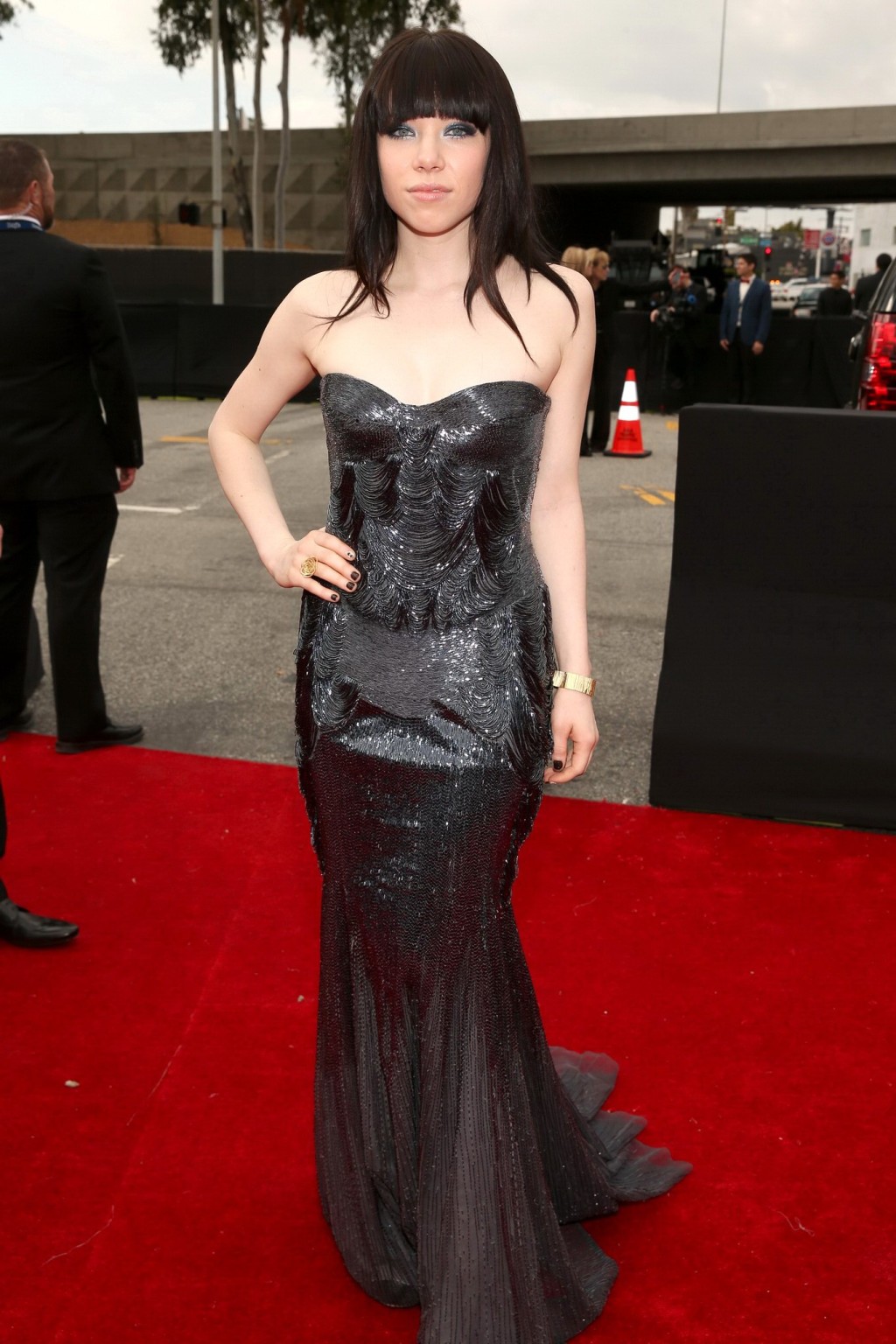 Carly Rae Jepsen cleavy wearing a strapless maxi dress at the 55th Annual Grammy #75241384