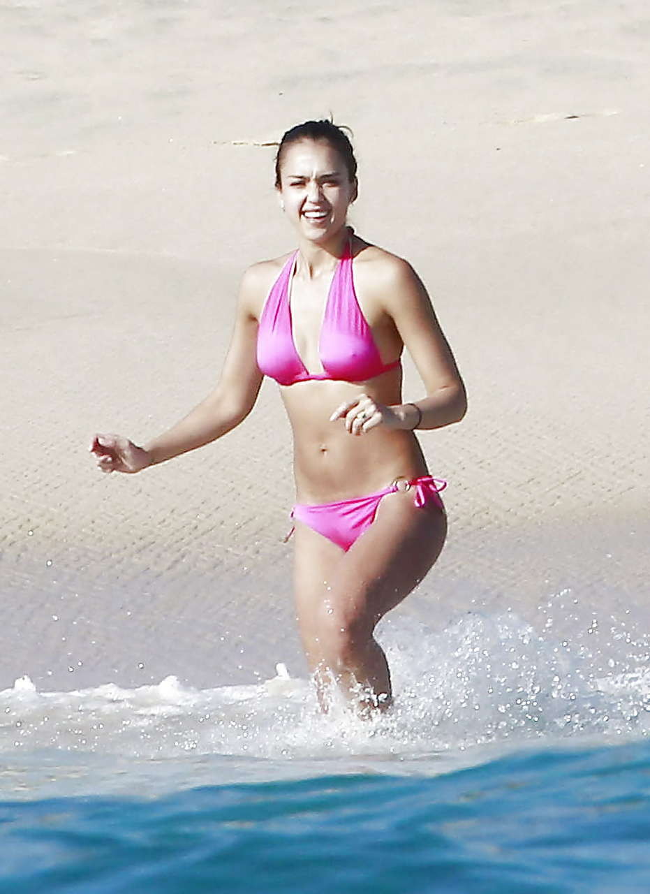 Jessica Alba looking sexy and hot in pink bikini on beach #75227211