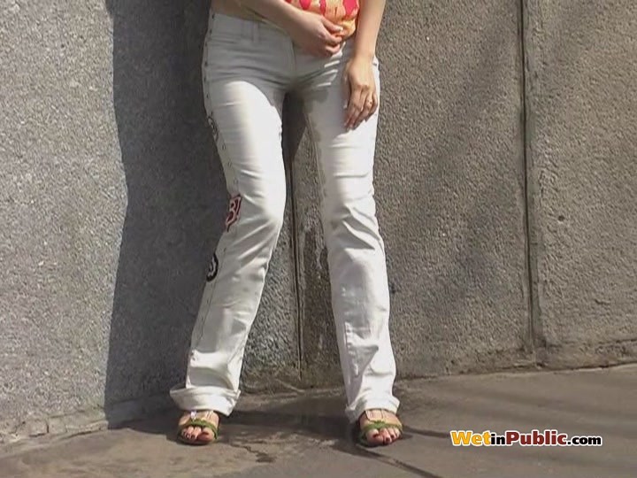 Totally pee-soaked jeans and shaven pussy of an ablush public pisser #78594409