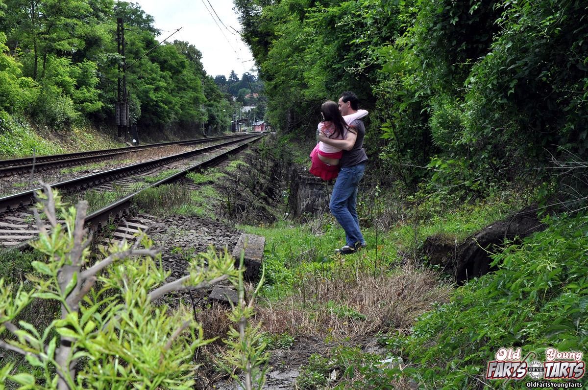 Couple being watched by a pervert while fucking near a train #78607736