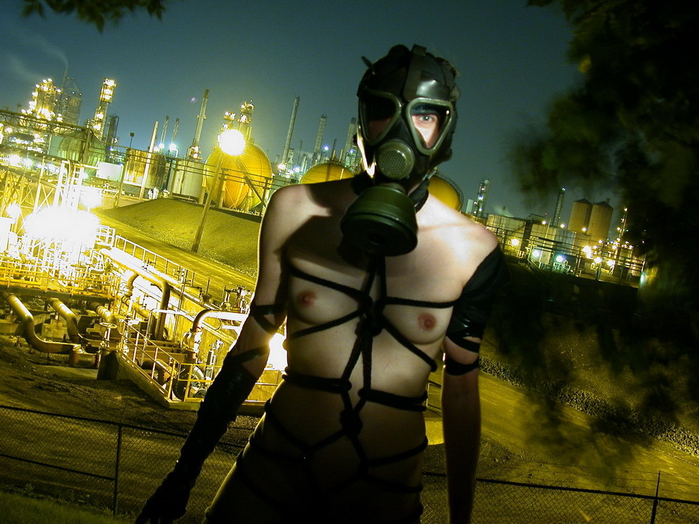 Urban toxic zone, gasmask and tied with rope. #72182735