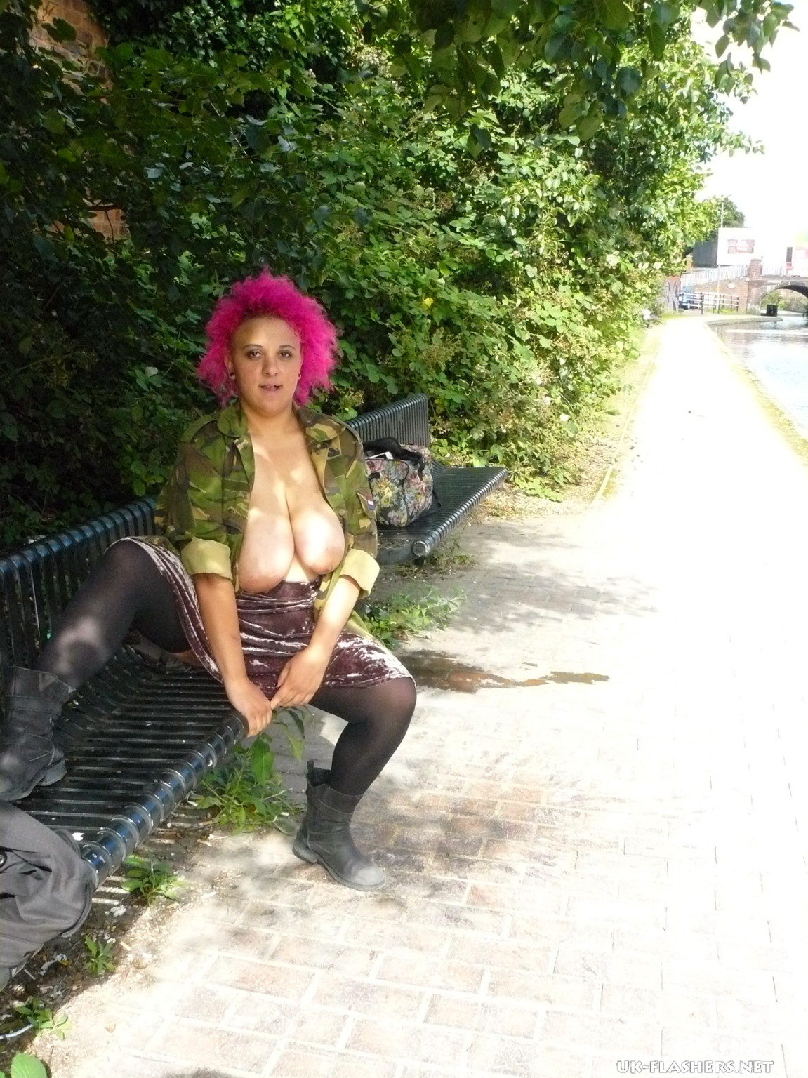 Busty flashing freak Roxys voyeur and upskirt exposure outdoors with pink haired
