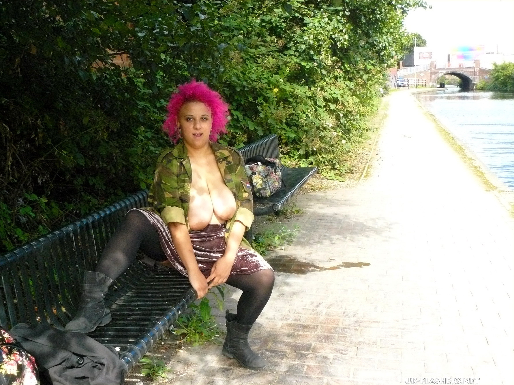 Busty flashing freak Roxys voyeur and upskirt exposure outdoors with pink haired #67166874