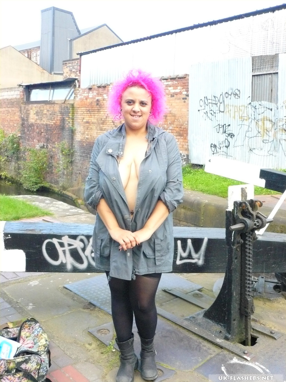 Busty flashing freak Roxys voyeur and upskirt exposure outdoors with pink haired #67166908