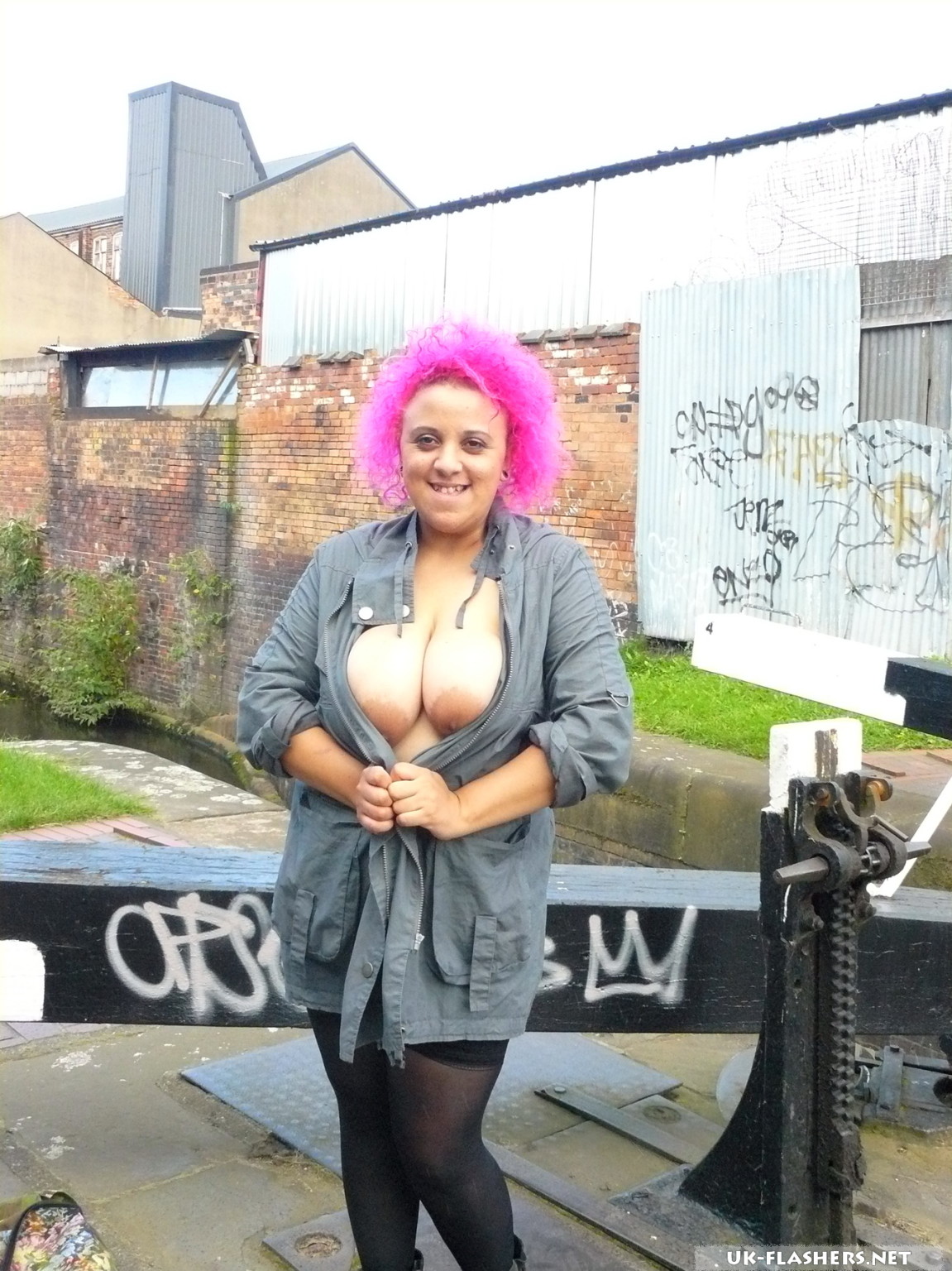 Busty flashing freak Roxys voyeur and upskirt exposure outdoors with pink haired #67166924