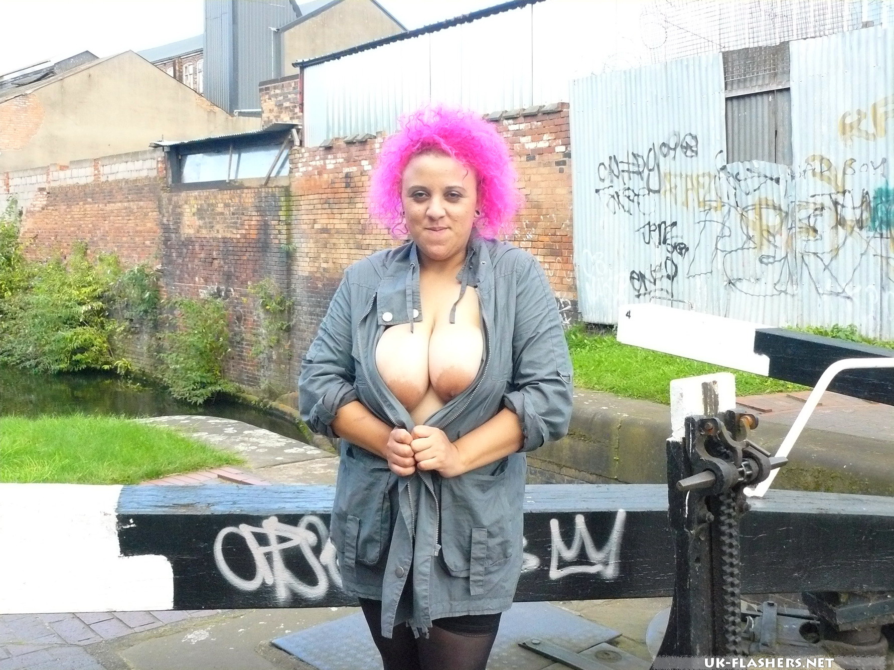 Busty flashing freak Roxys voyeur and upskirt exposure outdoors with pink haired #67166933