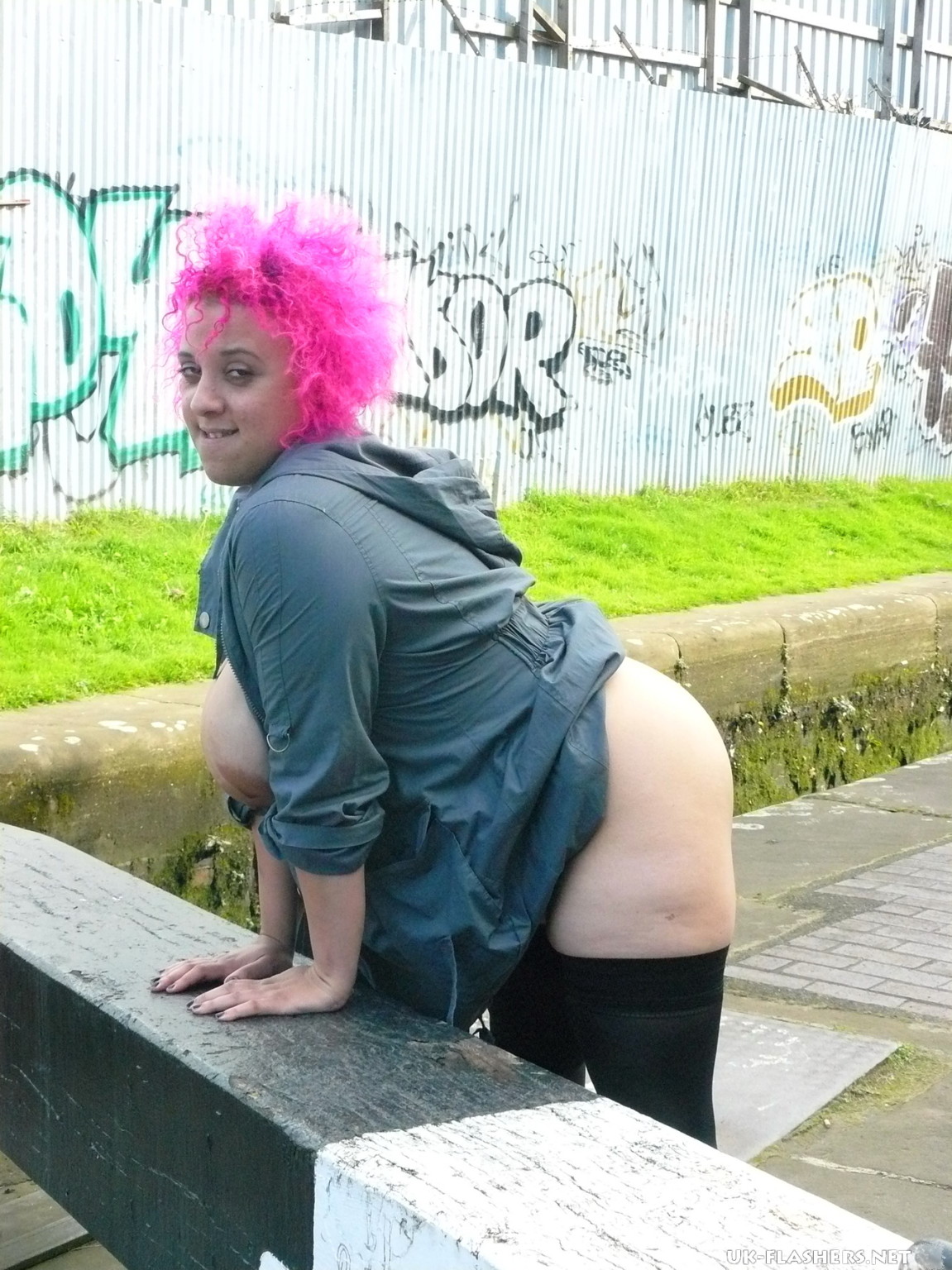 Busty flashing freak Roxys voyeur and upskirt exposure outdoors with pink haired #67166976