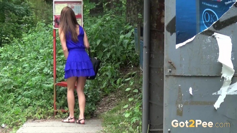 Pretty brunette pees next to a bus stop #67483234