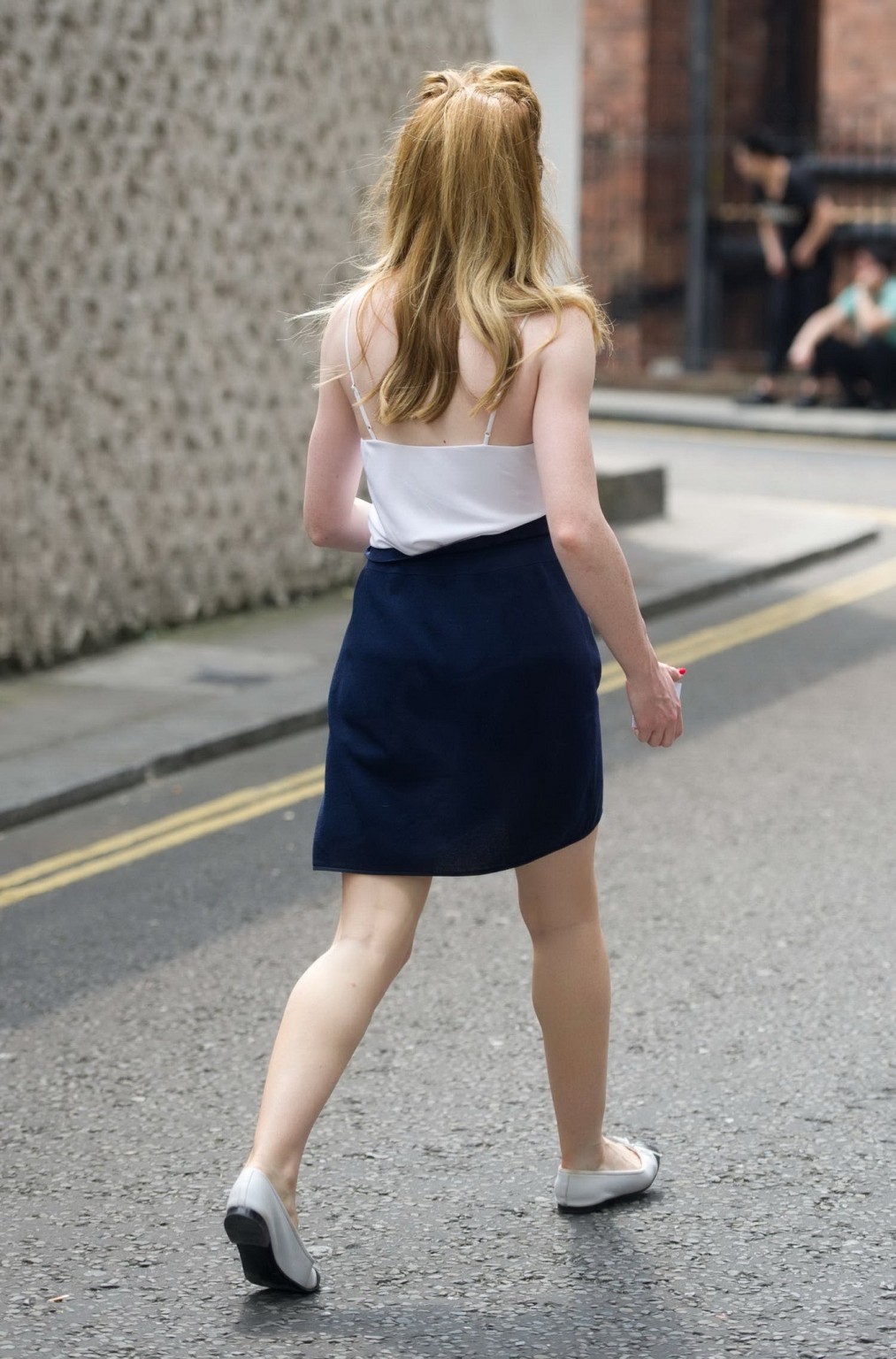 Nicola Roberts braless wearing white sheer top and blue mini skirt out in London #75224187