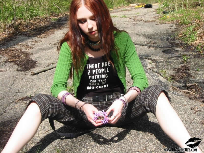 Redheaded goth chick strips in the woods #78992078