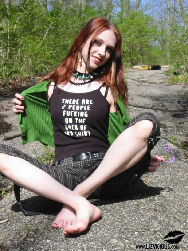 Redheaded goth chick strips in the woods #78992097