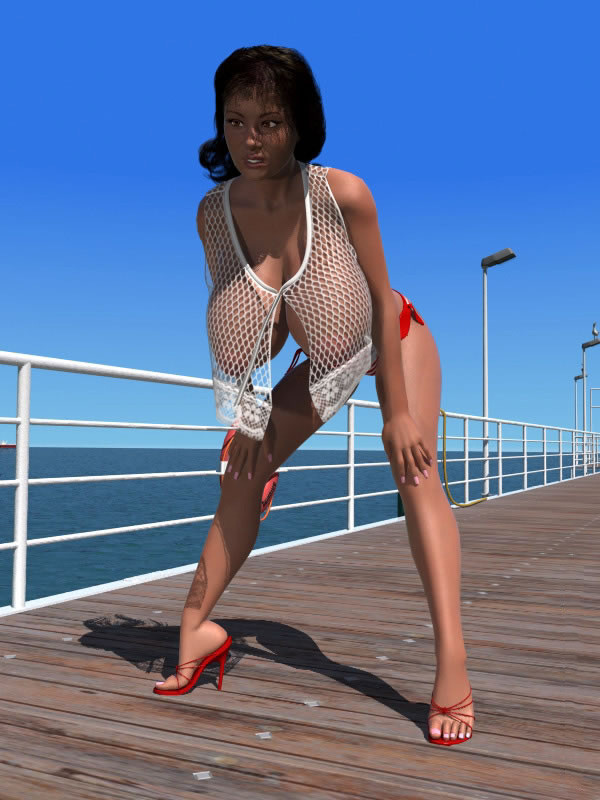 Big breasted 3D brunette chick exposing her melons on the pier #67050720