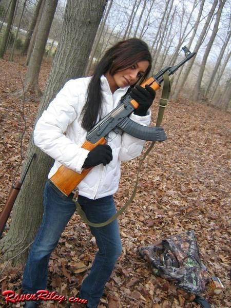 Babe teasing in the woods with a gun #75099844