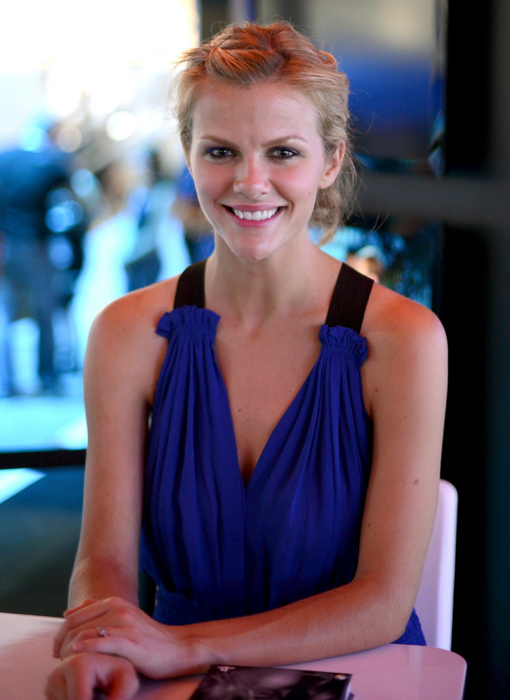 Brooklyn Decker showing big cleavage in blue mini dress at PlayStation booth at  #75260690