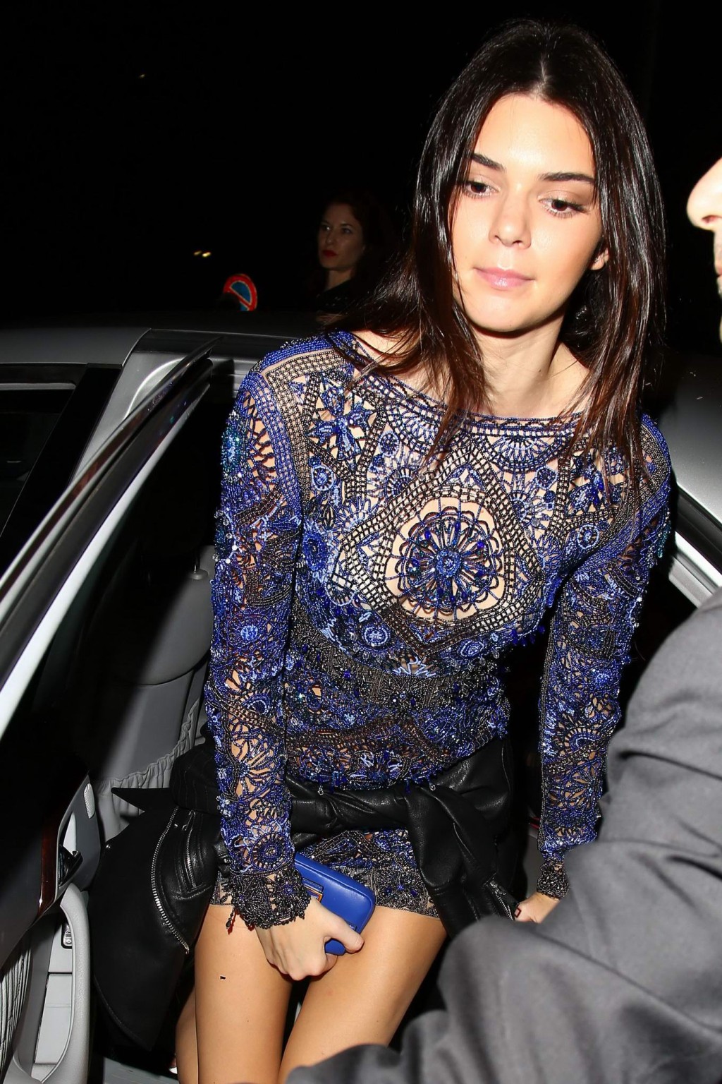 Kendall Jenner braless and pantyless wearing blue seethru mini dress at Vogue 50 #75185149