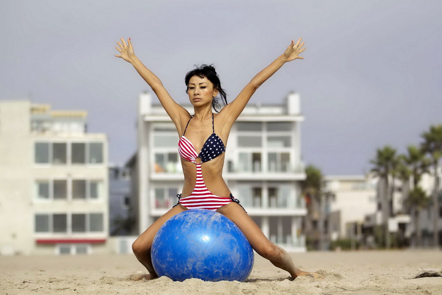 Bai Ling in stars  stripes monokini humping a pilates ball on a beach in LA #75251060