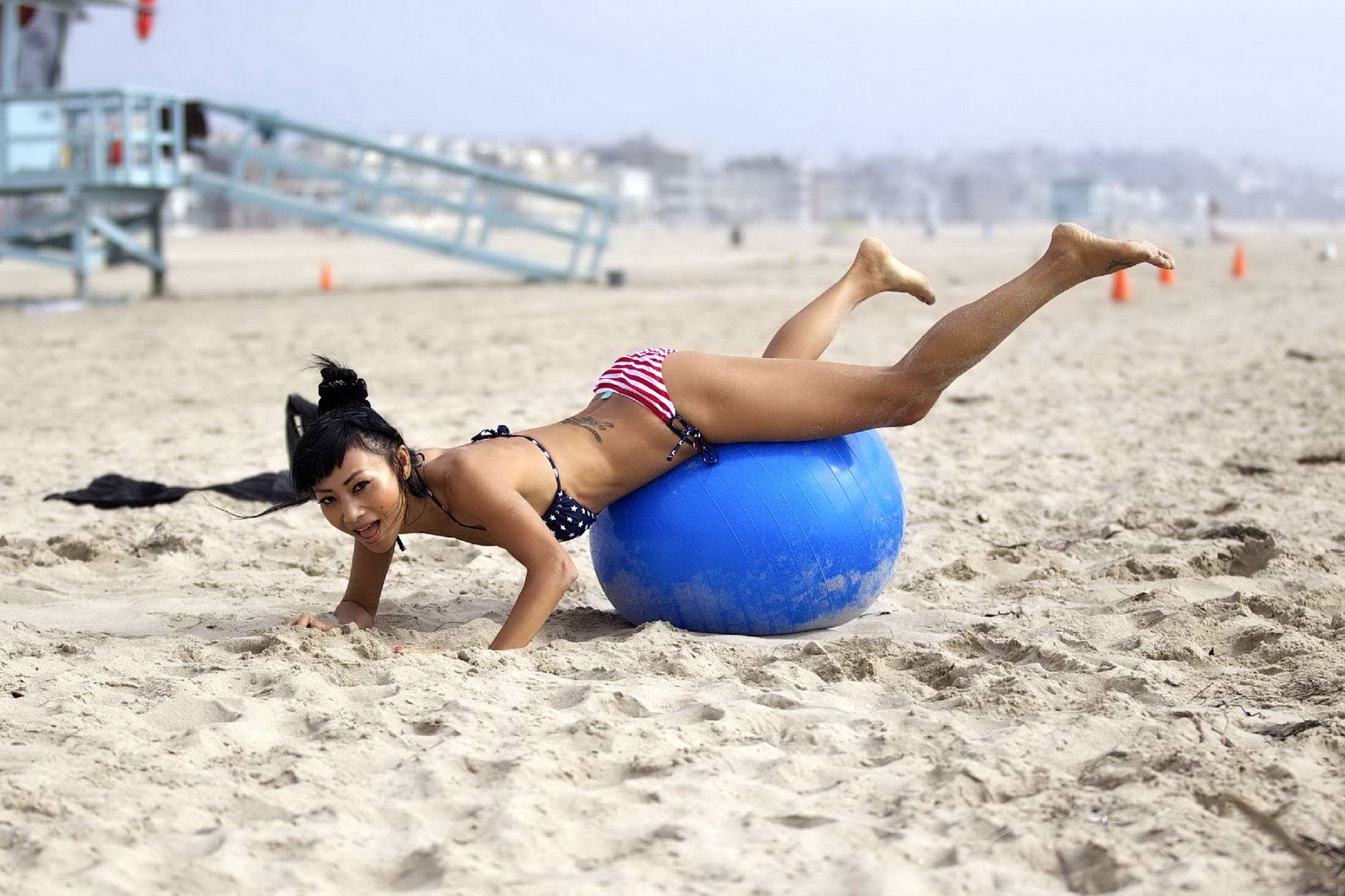 Bai Ling in stars  stripes monokini humping a pilates ball on a beach in LA #75251065