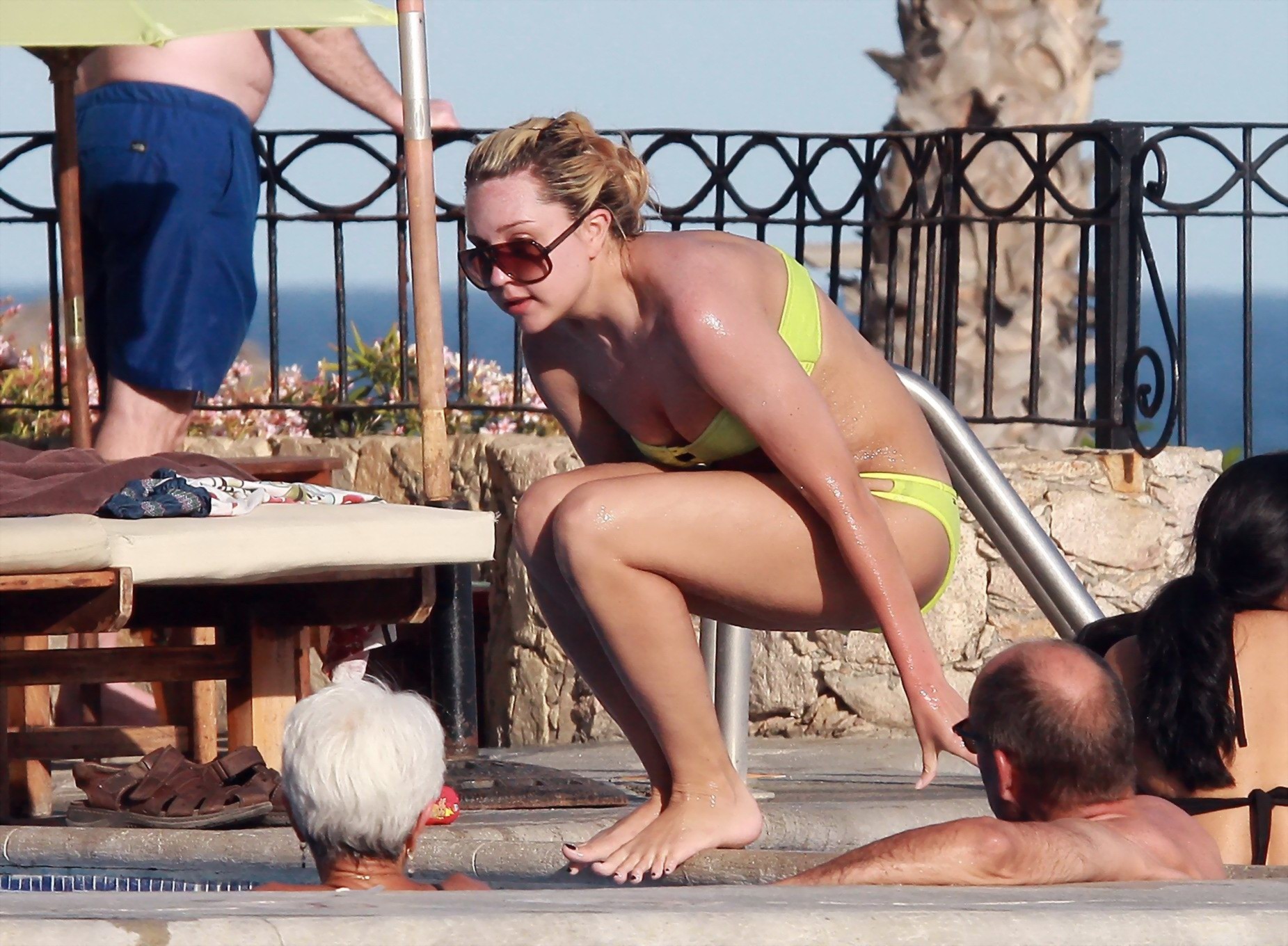 Amanda Bynes busty in yellow tube bikini poolside #75199479