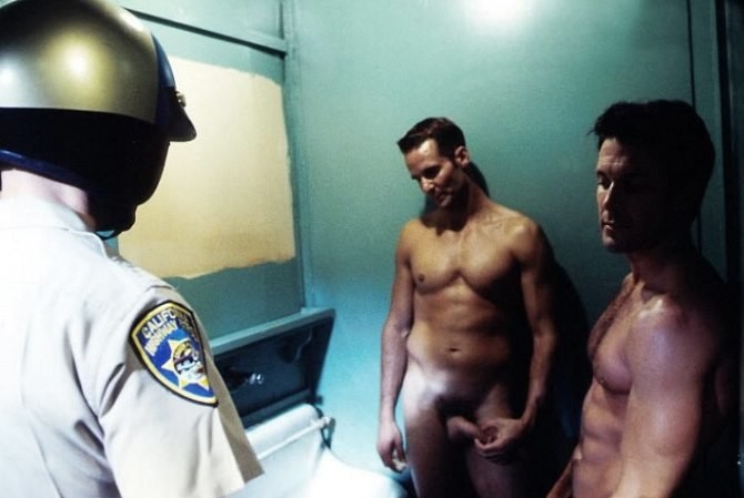 Curious cop getting sucked by two muscle dudes in a toilet #76964271