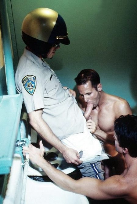 Curious cop getting sucked by two muscle dudes in a toilet #76964359