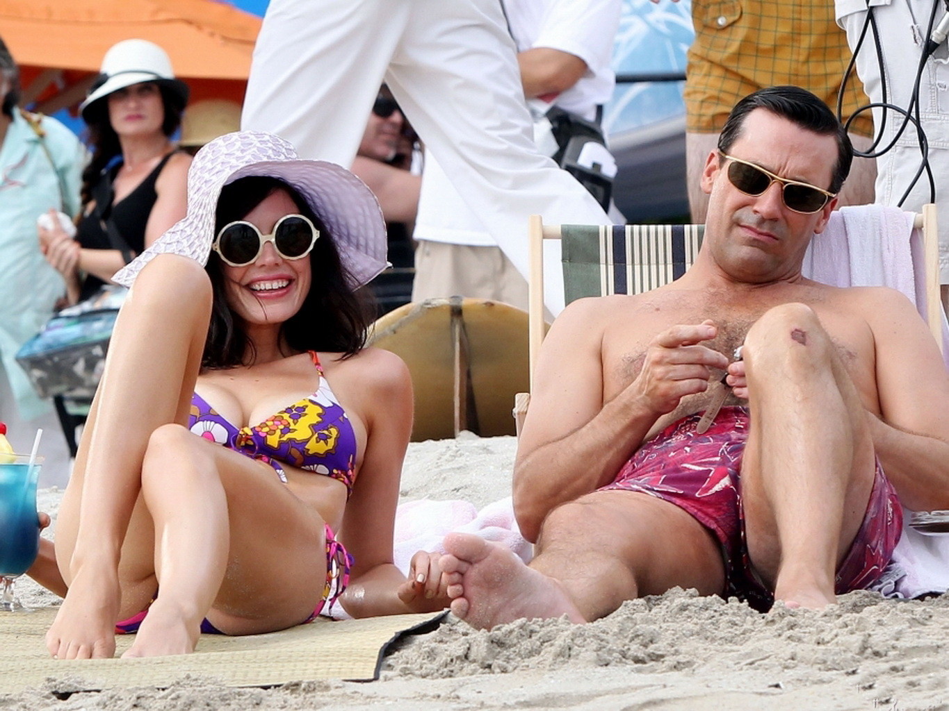 Jessica Pare showing off her hot body in a skimpy colorful bikini on the set of  #75249798