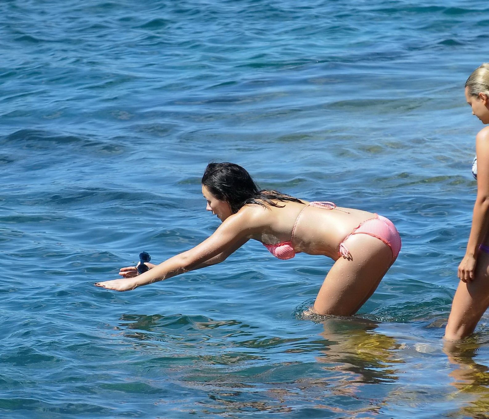 Demi Harman showing off her curvy body in a striped red bikini at the beach in S #75216065