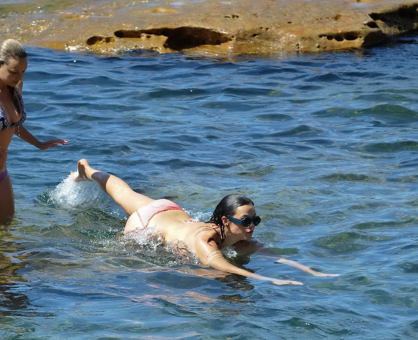 Demi Harman showing off her curvy body in a striped red bikini at the beach in S #75216075