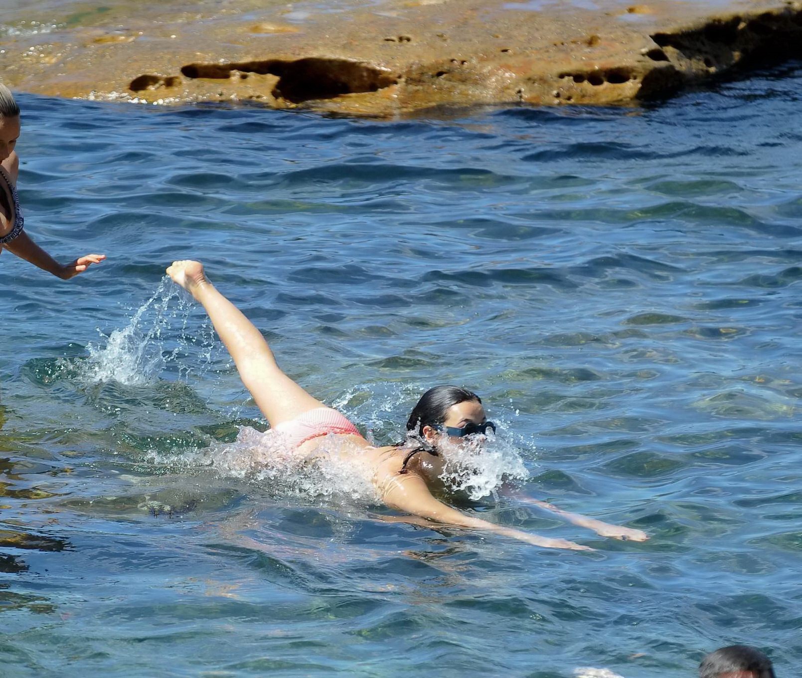 Demi Harman showing off her curvy body in a striped red bikini at the beach in S #75216080