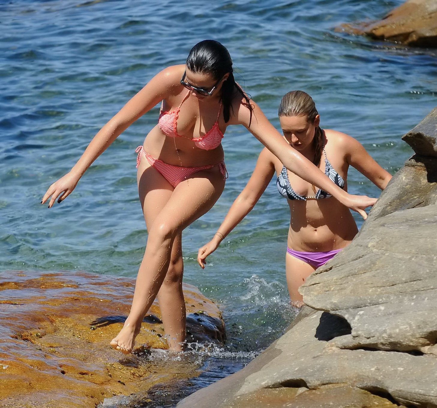 Demi Harman showing off her curvy body in a striped red bikini at the beach in S #75216090